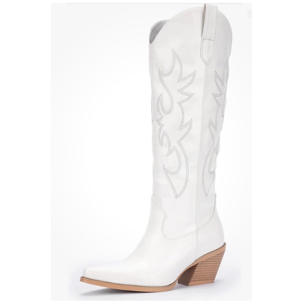 Women's White Western Cowboy Cowgirl Knee-High Boots Pointed Toe Embroidered - 9